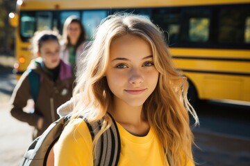 School Bus Pretty teenage girl Student After Getting Off Of Bus