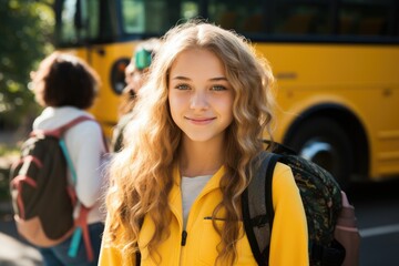 Naklejka na ściany i meble School Bus Pretty teenage girl Student After Getting Off Of Bus