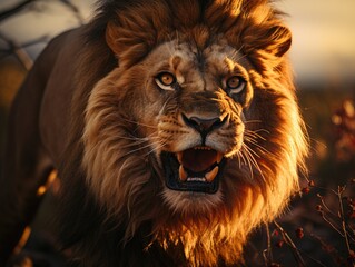 Naklejka premium A stunning shot of a roaring lion during sunset in the African savanna. Generative AI