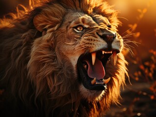 Naklejka premium A stunning shot of a roaring lion during sunset in the African savanna. Generative AI