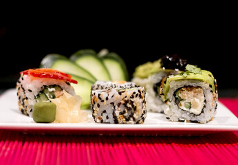 Sushi is made with a short-grain, sweet white rice called Japanese rice; seasoned with rice vinegar, sugar, salt, konbu seaweed