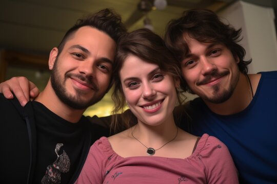 Polyamorous people, Smiling young woman living in a Polyamorous relationship with two men.. 
