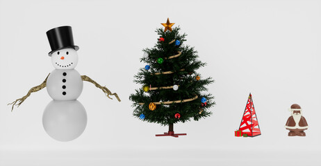 Set of chritmas, snowman, christmas tree, 3d render