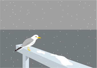 雪が降る、海の桟橋に止まる一羽のカモメのイラスト