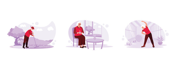 Adult male farmers cultivate crops in the field. The older woman was sitting relaxed by the window. Older women maintain health with light exercise. Trend Modern vector flat illustration.