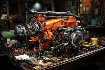 Fototapeta premium A mechanics wrench in a busy auto repair shop