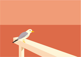 夕暮れの海の桟橋に止まる一羽のカモメのイラスト