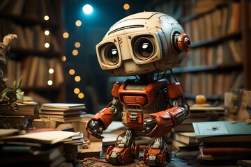 Fototapeta premium Cute robot reading a book inside an old-time library