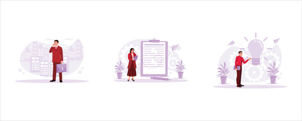 Young man standing in a tall building carrying a bag and taking a call. Focused woman in glasses writing notes. Man in a tie carrying documents and thinking of a genius idea. Concept of business, job,