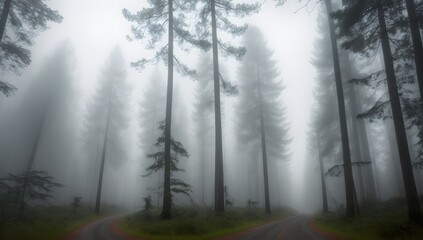 Obraz na płótnie Canvas An Artful Depiction Of A Stunning Foggy Forest With A Winding Road AI Generative