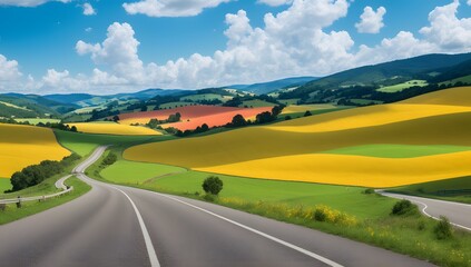 A Scene Of A Visually Mesmerizing Country Road With A View Of The Hills AI Generative