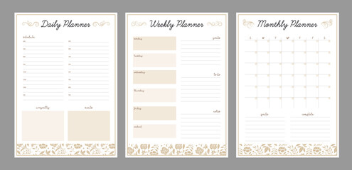 (Gold) 3 set of Monthly, daily, weekly planner. Vector illustration.	