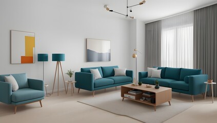 An Image Of An Artistically Interpretive Living Room With Blue Couches AI Generative