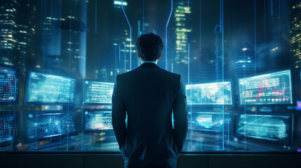 Fototapeta premium business man standing with digital screen background. leadership thinking and planning for success concept. generative AI