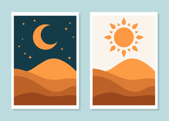 set of abstract vector boho sun and moon wall decoration desert style poster minimalist design background cover wallpaper print