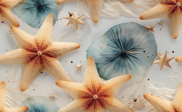 Seamless golden starfish pattern, sea creatures, textured background. vector illustration