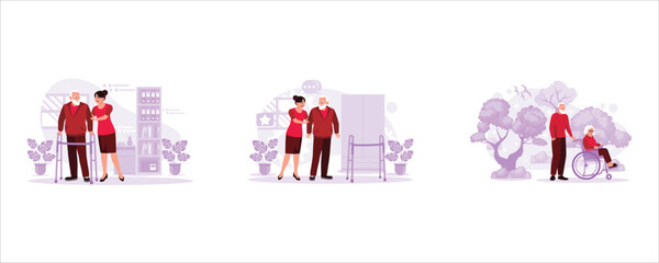 Portrait of a nurse helping a patient walk on crutches in a nursing home. The nurse allows the older man to walk. Portrait of husband pushing wife sitting in a wheelchair. Trend Modern vector flat ill