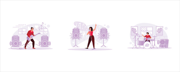 Electric guitar player practicing in a music studio. The female vocalist sings with a beautiful voice. Drummer playing professionally. Trend Modern vector flat illustration.