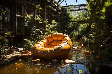 Abandoned pool float deflated in an overgrown