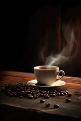 Invigorating Steam: A Cup of Coffee on a Natural Wood Tabletop With Coffee Beans Generative AI