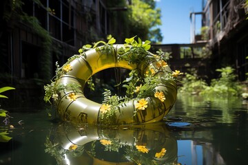 Abandoned pool float deflated in an overgrown back view