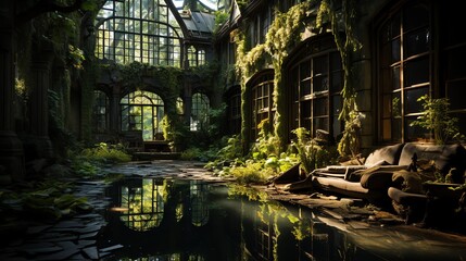 Abandoned pool house surrounded by overgrown foliage
