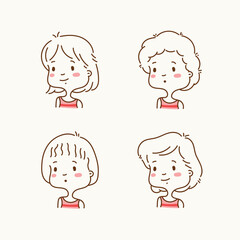 Hand drawn set of girl faces, cute and fun cartoon doodle style