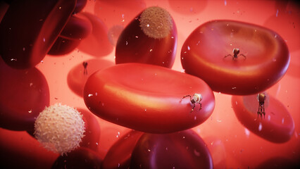 Blood cell and nanobot. Nanomedecine concept. 3d rendering.