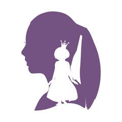 Silhouette of pretty little girl wearing dress and crown with silhouette of woman head. Mental age concept
