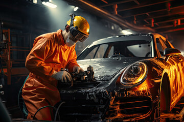 automobile repairman painter in protective workwear and respirator painting car body in paint chamber