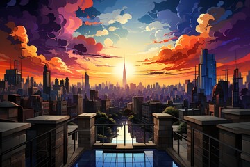 Rooftop view over a sprawling metropolis pop art