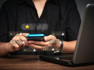 Negative feedback concept. Choosing a 1-star rating review in the survey, poll, or customer...