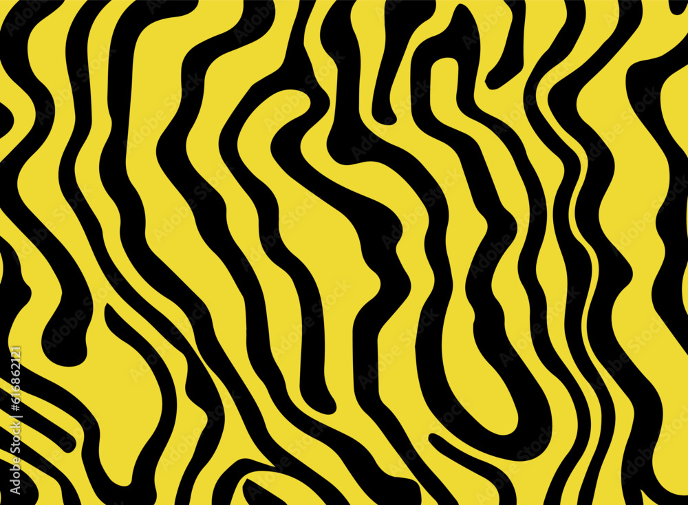 Poster Acid psychedelic black and yellow print with abstract melting blobs and lines in retro hippie style.