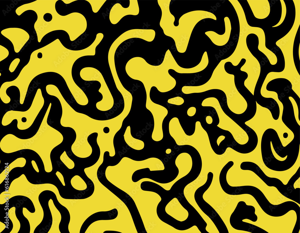 Aufkleber Acid psychedelic black and yellow print with abstract melting blobs and lines in retro hippie style.