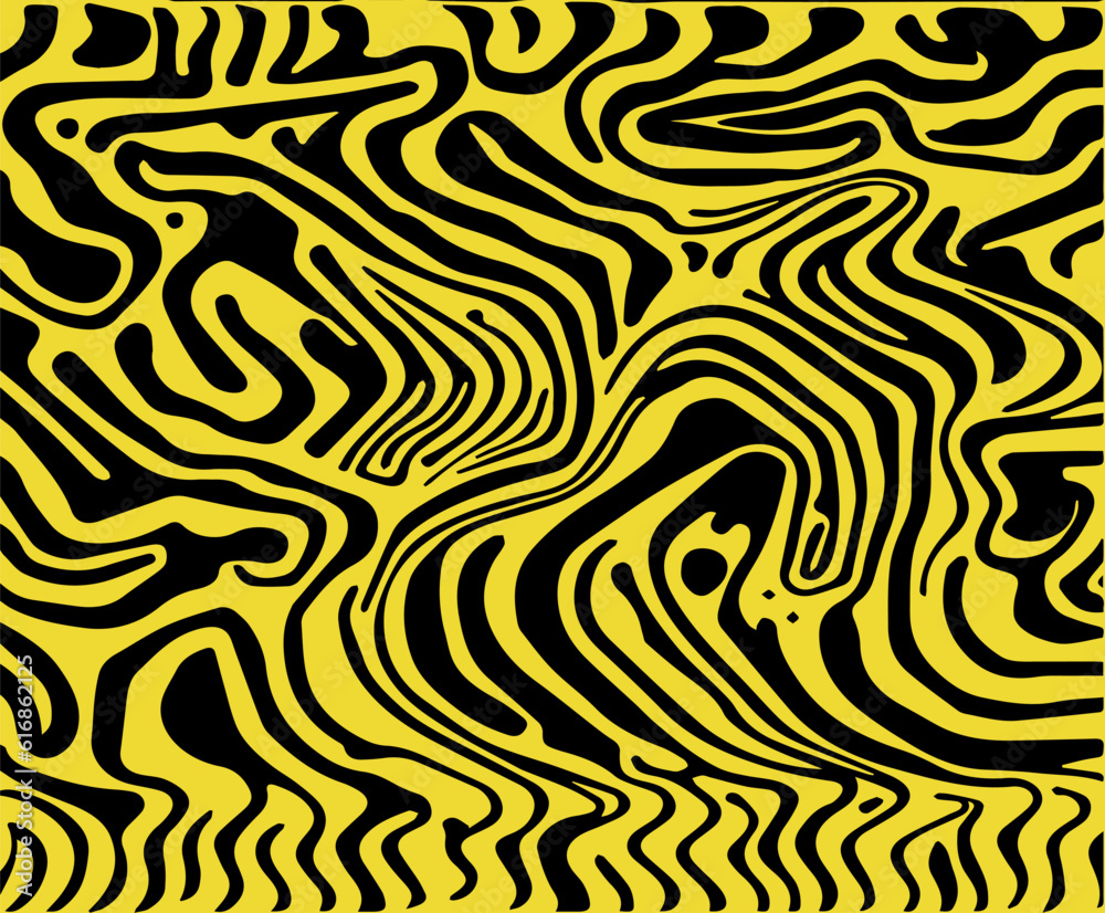 Poster Acid psychedelic black and yellow print with abstract melting blobs and lines in retro hippie style.