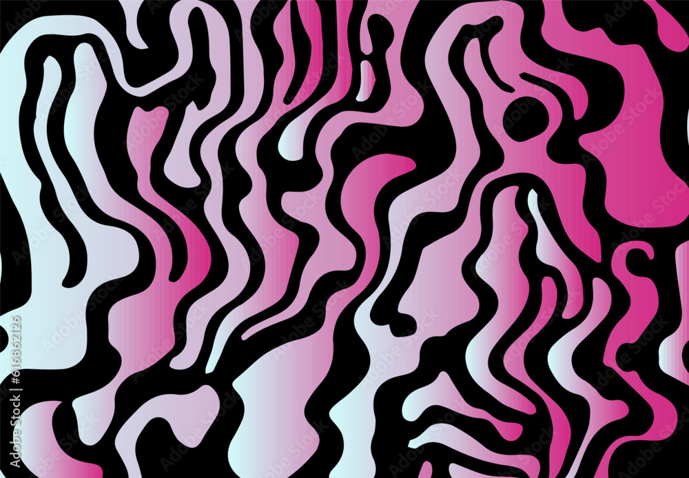 Fototapete acid psychedelic black and pink print with abstract melting blobs and lines in retro hippie style.