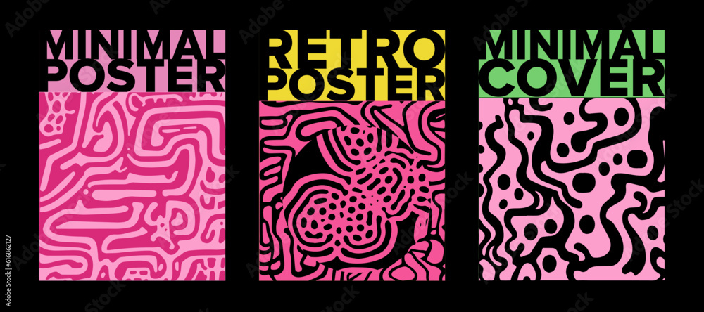 Poster Set of poster templates with psychedelic melting shapes and blobs in retro hippie Y2K style.
