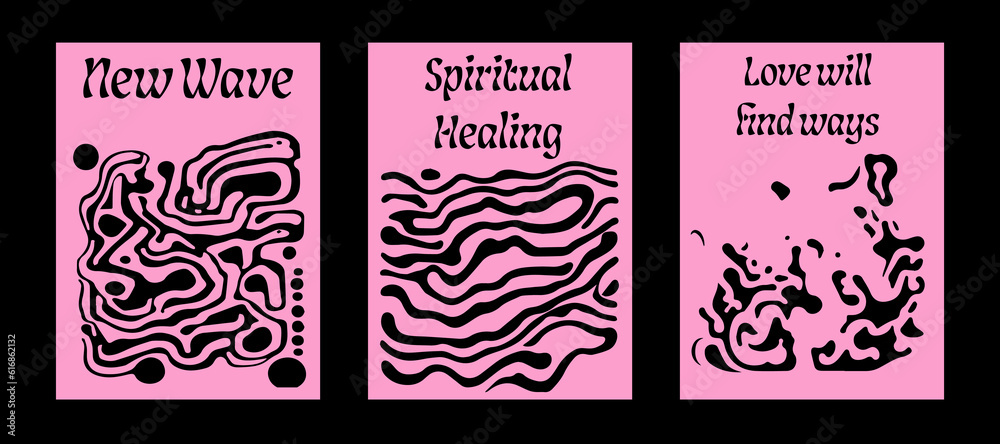 Poster psychedelic retro style posters with geometric shapes and ornaments.