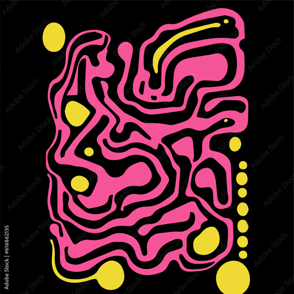 Fototapete Acid psychedelic black and pink print with abstract melting blobs and lines in retro hippie style.