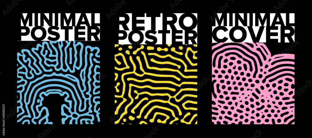 Poster Set of poster templates with psychedelic melting shapes and blobs in retro hippie Y2K style.