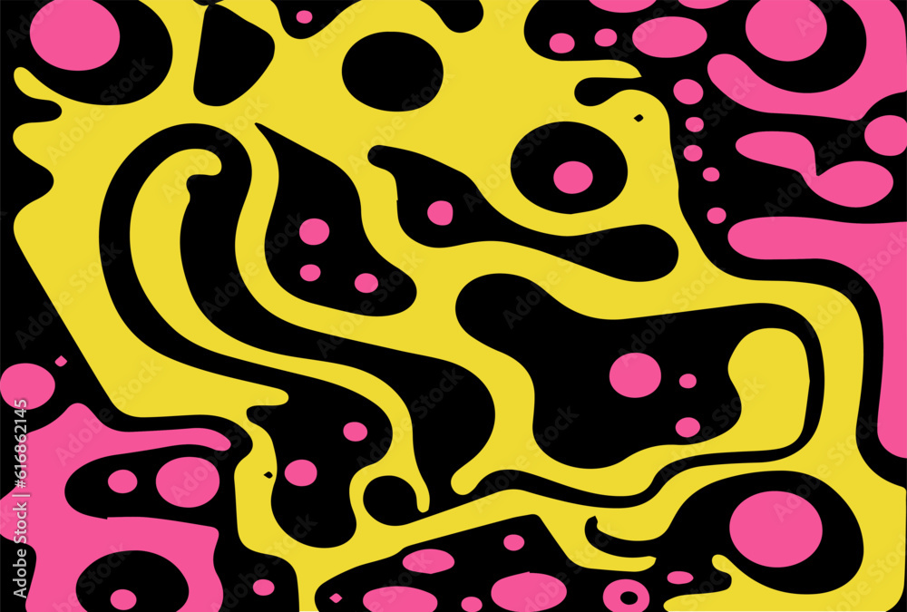 Poster Acid psychedelic black and yellow print with abstract melting blobs in retro hippie style.
