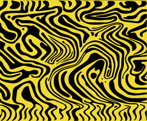 Acid psychedelic black and yellow print with abstract melting blobs and lines in retro hippie style.