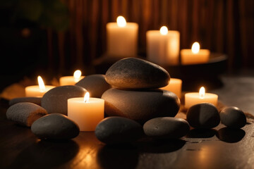 Obraz na płótnie Canvas Candles and Stones in a Zen Spa Resort Luxury Ambiance Relaxation Generative AI 