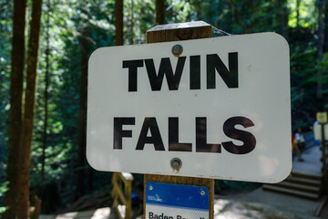 View of sign Twin Falls at the Lynn Canyon Park