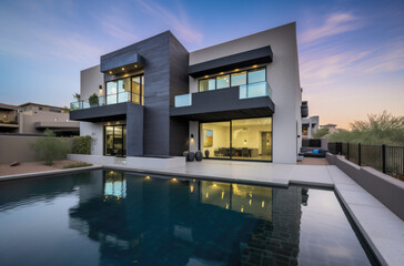 a luxury pool and lawn chairs by a home in the desert, in the style of light white and black, modern urban, ai generative