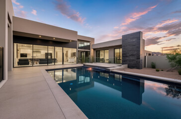 Fototapeta premium a luxury pool and lawn chairs by a home in the desert, in the style of light white and black, modern urban, ai generative