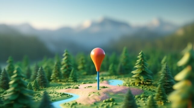 Red geotag or map pin on the stunning mountain landscape 3D illustration.