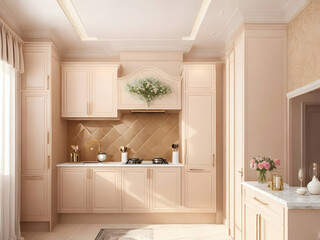 Fototapeta na wymiar Modern illustration of Beige paint luxury kitchen with beautiful and complete interior and furniture in new house. generative AI 