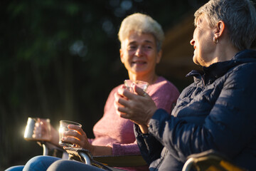 Happy senior middle aged mom drinking tea at home and chatting, relaxing on sofa in living room,...