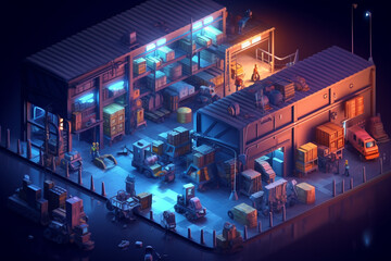 An Isometric 3D model mockup showcases a warehouse, postoffice and distribution building from a high-angle outside view into an interior view. generative AI.